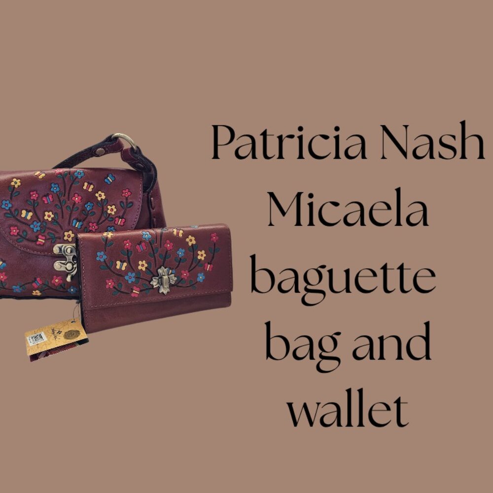 Patricia Nash Burgundy Floral Embroidered Baguette Bag and Wallet